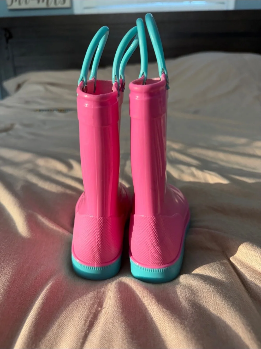 Kids Pink Rain Boots with Teal Handles
